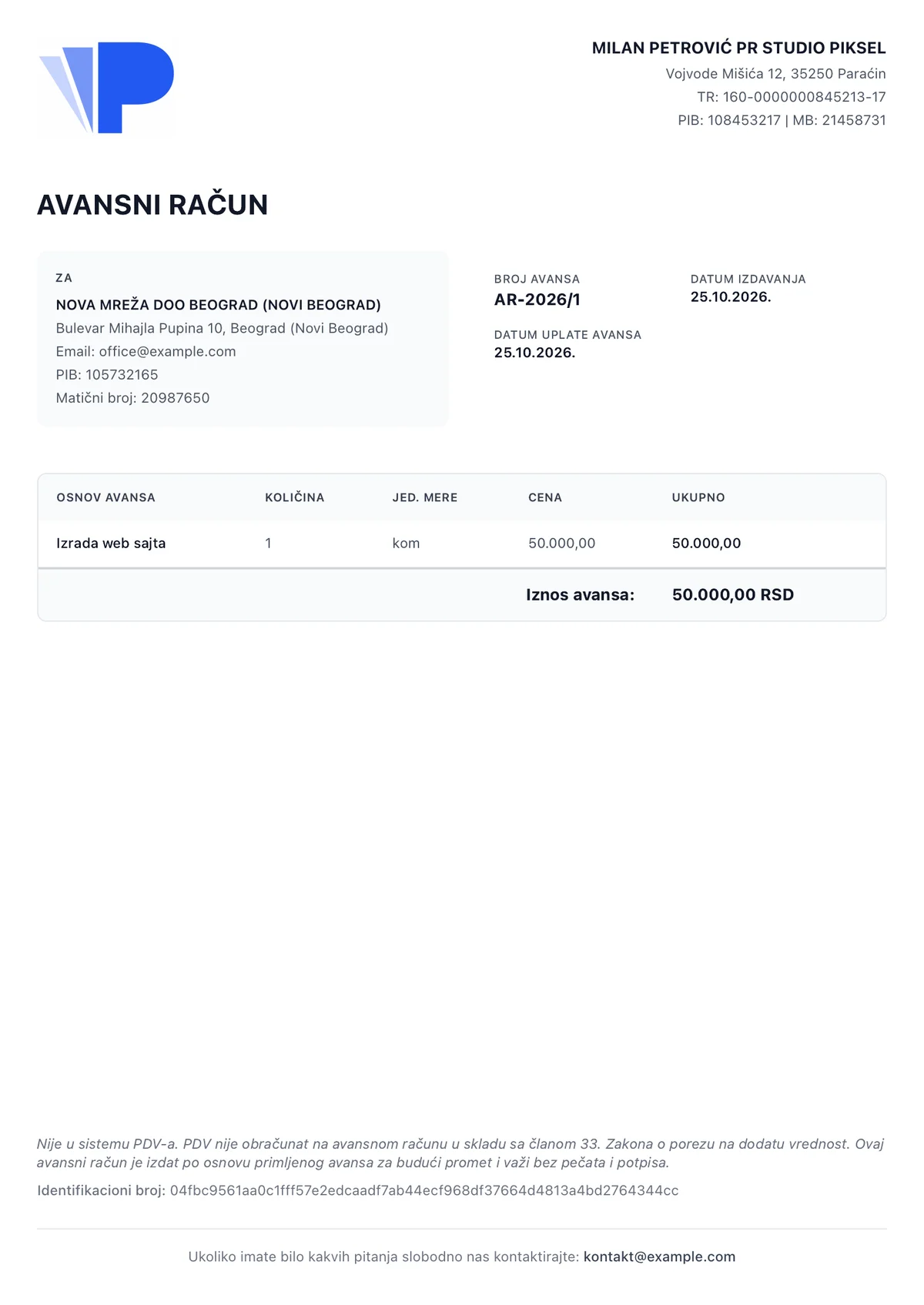 Primer avansnog računa paušalca napravljenog u Paušalku: podaci izdavaoca i kupca, broj iz serije avansa, datum izdavanja i datum uplate, osnov avansa, iznos bez PDV-a i napomena po članu 33