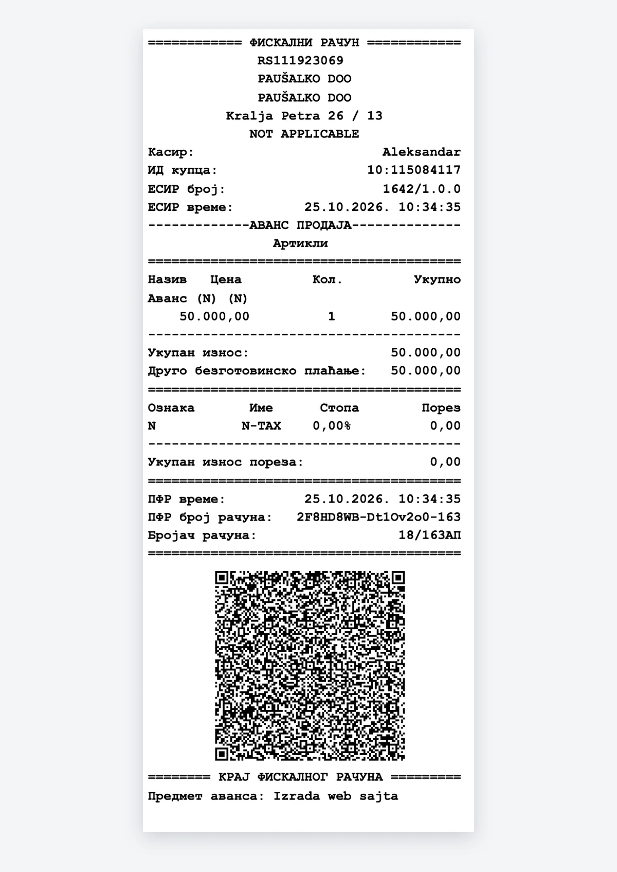 Primer fiskalnog računa za avans iz online fiskalne kase u Paušalku: zaglavlje obveznika, tip transakcije avans prodaja, iznos bez poreza, PFR broj i QR kod